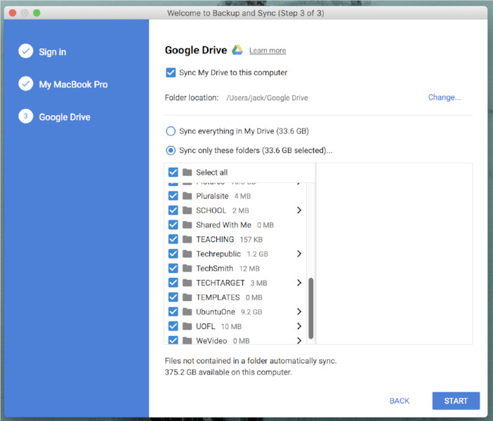 Back up and sync google